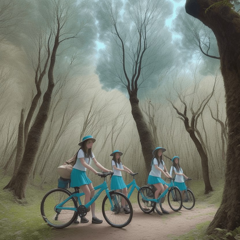 AI generated: "Cuatro chicas rubias jóvenes montando bicicletas de montaña en un bosque de hayas centenarias verde...
