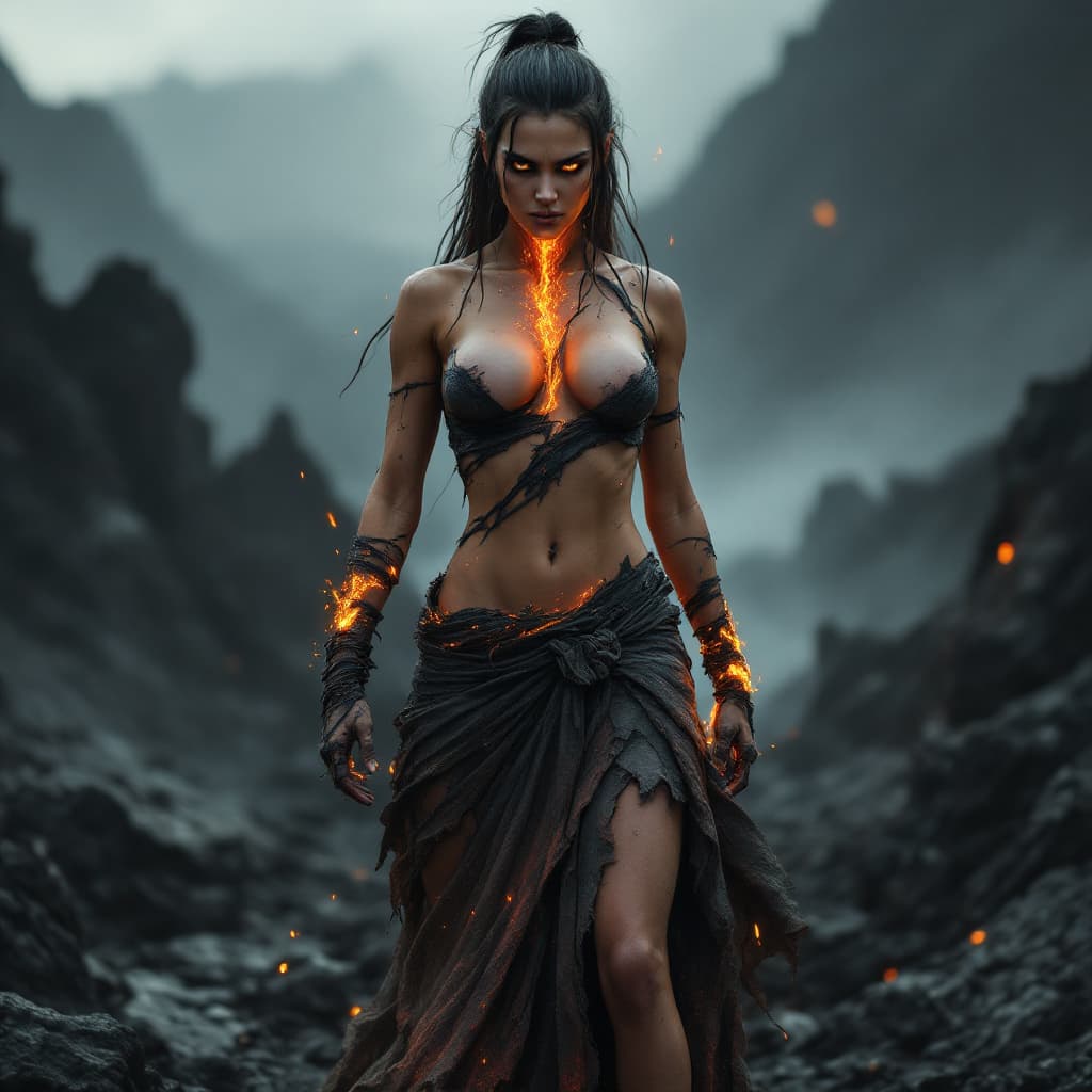 AI generated: In a barren, volcanic landscape, a fierce woman stands amidst jagged black rocks, her presence both ...