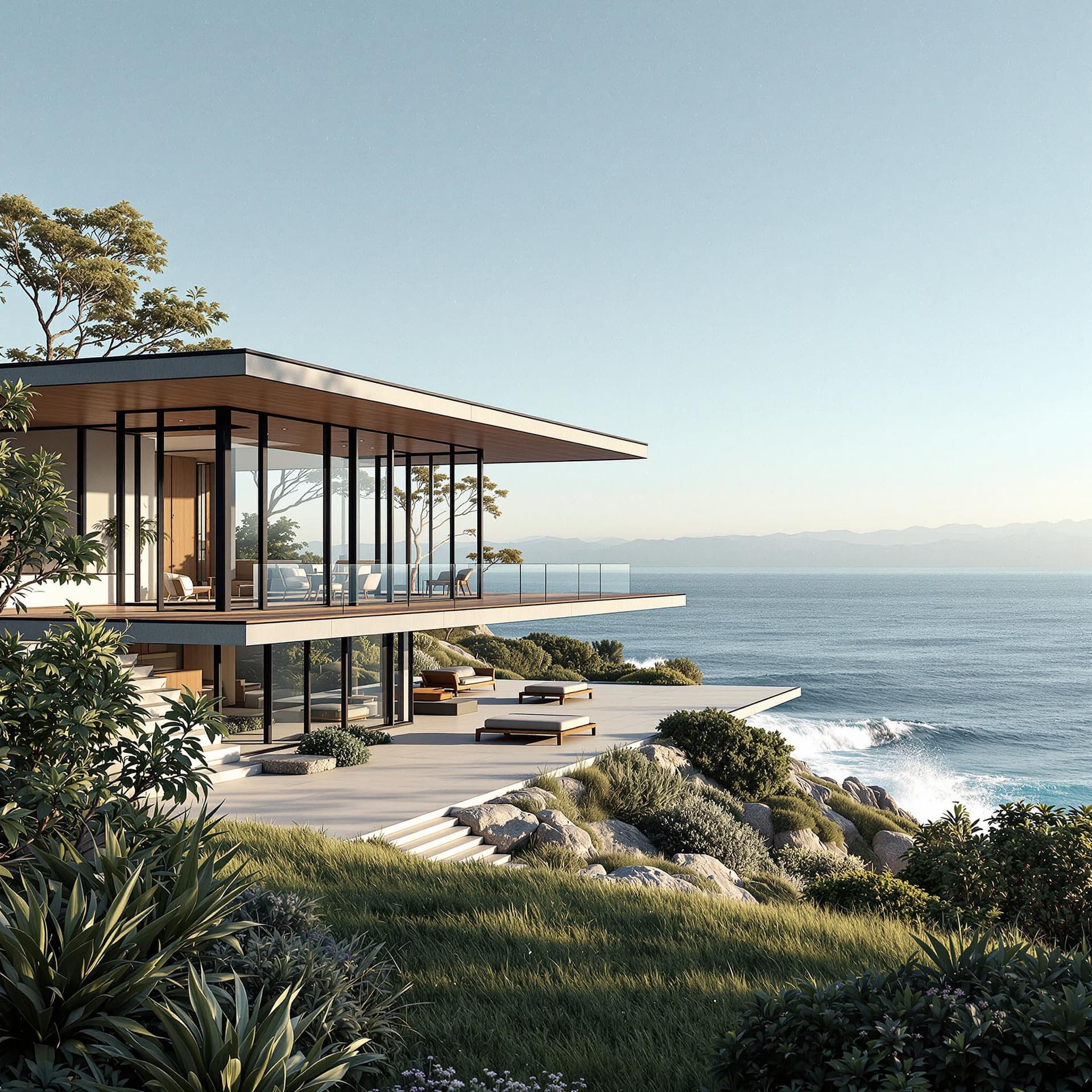 AI generated: Hyper realistic eye level exterior photo of a mid century modern style house overlooking the ocean, ...