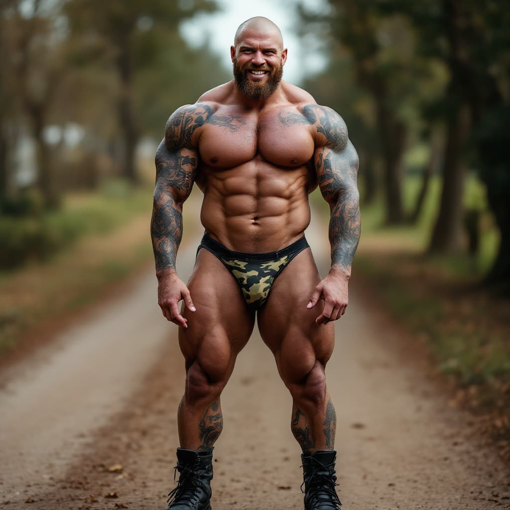 AI generated: Full body image, tall fit slim white irish bodybuilder, heavily tattooed, slim face, chiseled jawlin...