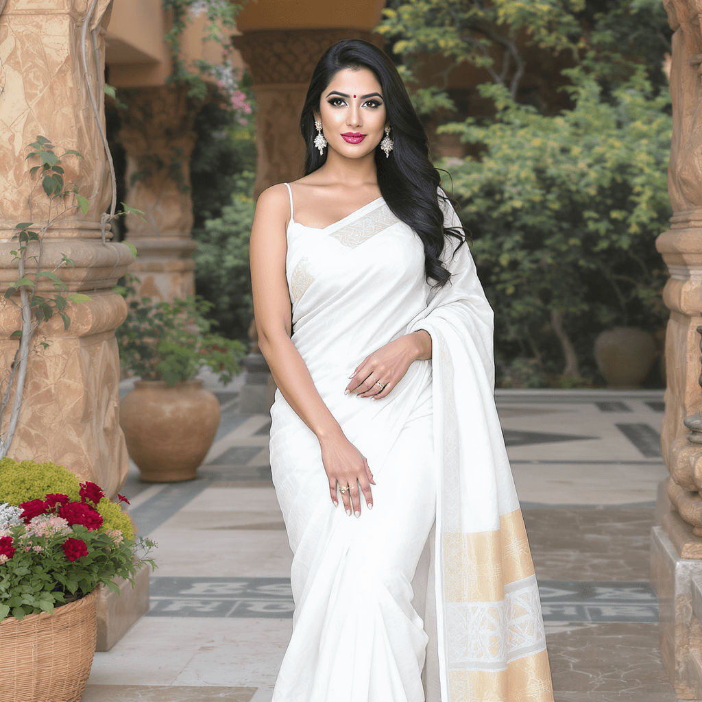AI generated: angela white in white saree, full view 