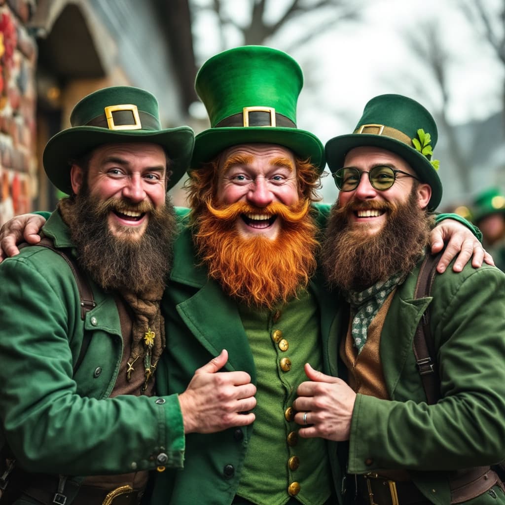 AI generated: three regular men, not dressed as leprechauns, incredibly elated after fulfilling their lifelong mis...