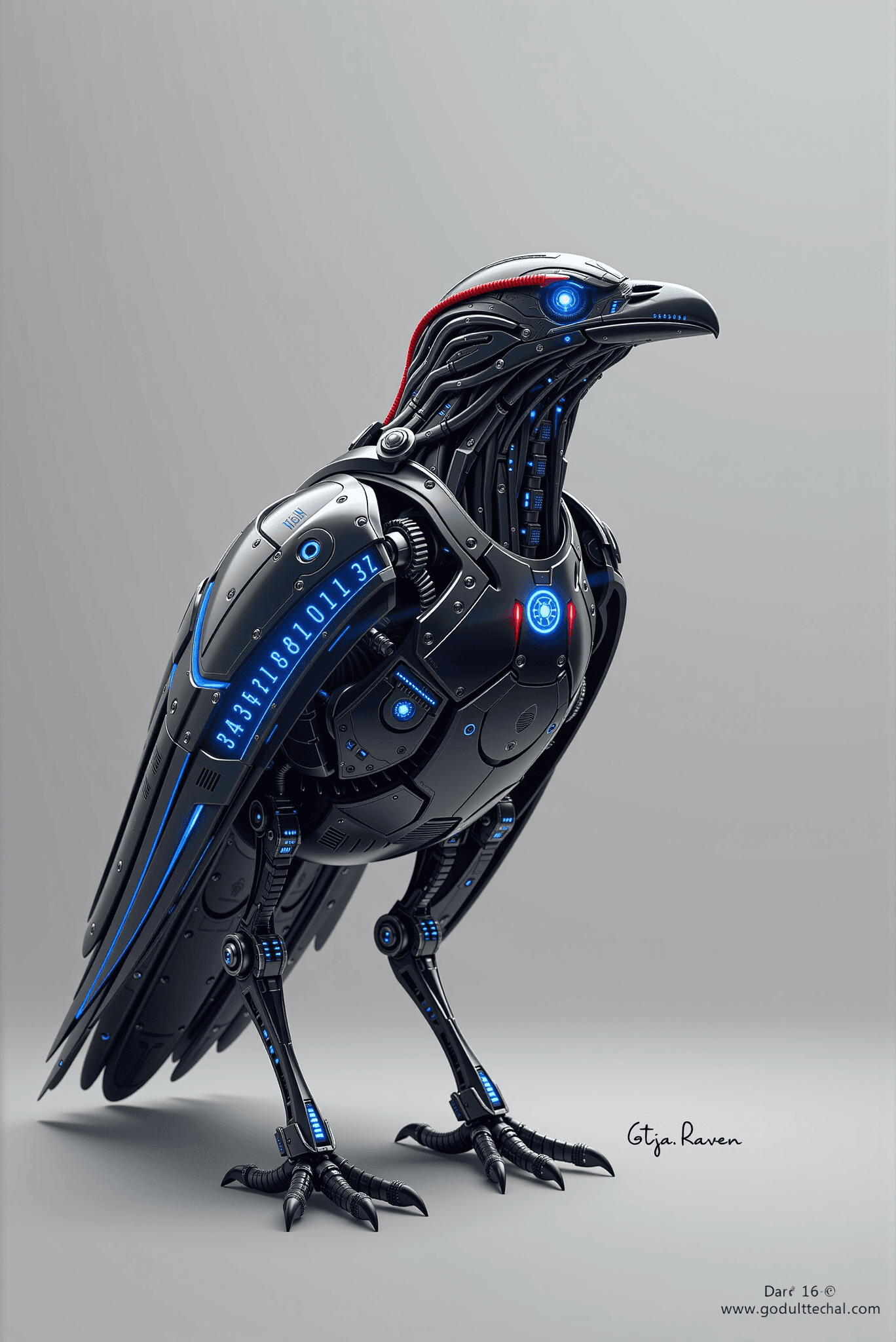 AI generated: Portrait if Odinâs raven, reimagined as a metallic and cybertech creature. Its body is composed of...