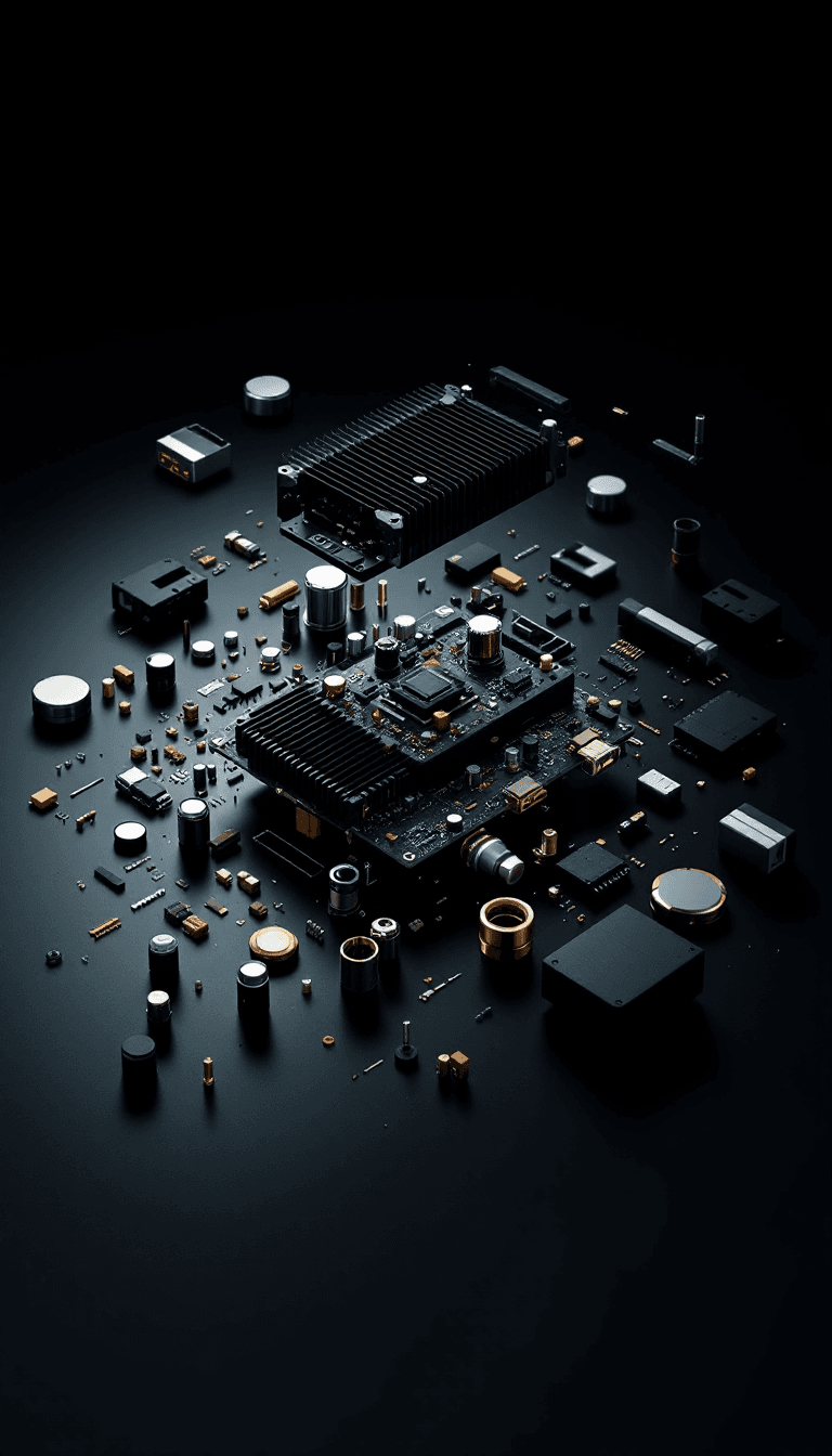 AI generated: a disassembled Power amplifier in an exploded view, dark background, high contrast