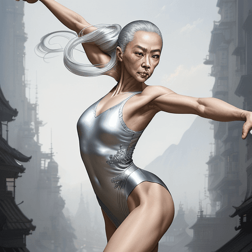 AI generated: a magnificent 50-year-old mixed race french chinese athletic female ballet dancer with floating long...
