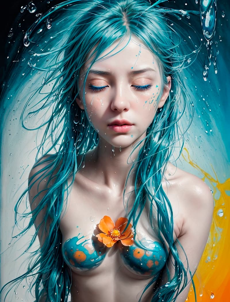 AI generated: A girl with closed eyes and blue hair, depicted in an artistic style inspired by the Xing Xing group...