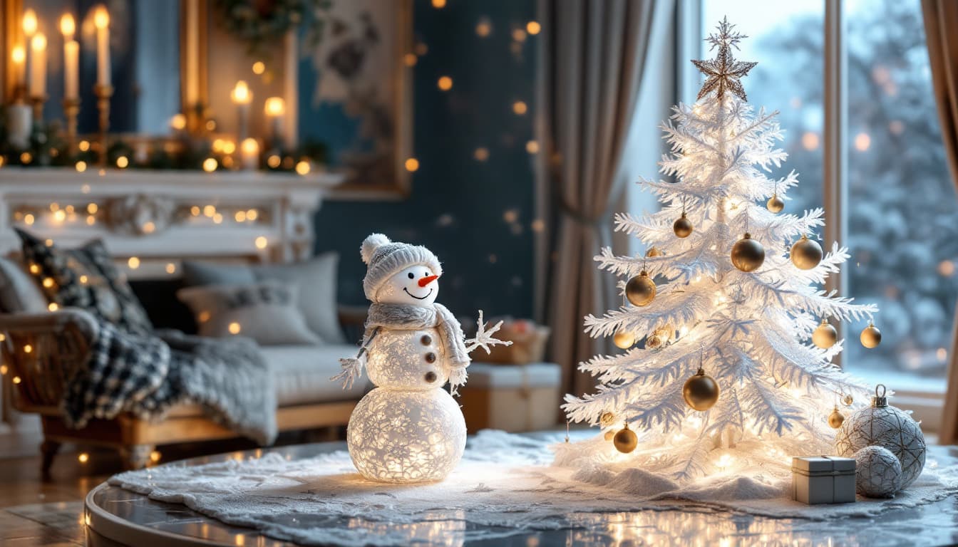 AI generated: Snowman and Christmas tree made entirely of handmade white lace for Christmas in a luxurious apartme...