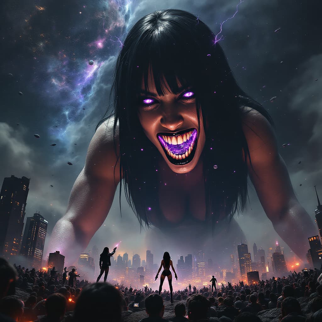 AI generated: enormous giantess female who looks exactly like WWE superstar 
 Rhea Ripley with black medium length...