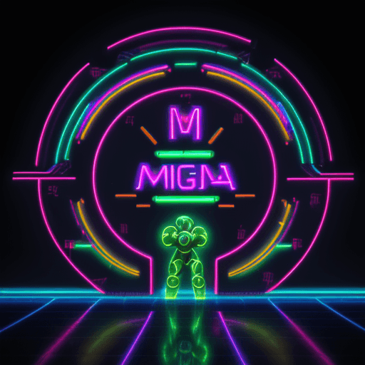 AI generated: "neon images of a neon illuminated sign with the text 'MEGA MAN' and a GIANT Life Like MEGA MAN symb...