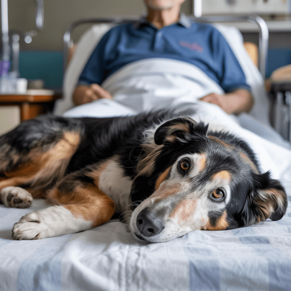 AI generated: A very old dog lies curled up on a hospital bed beside the waist of its aging male owner. Only the w...