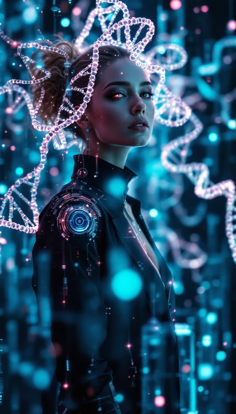 AI generated: Portrait of a futuristic cyberpunk geneticist, centered, surrounded by holographic DNA sequences, in...