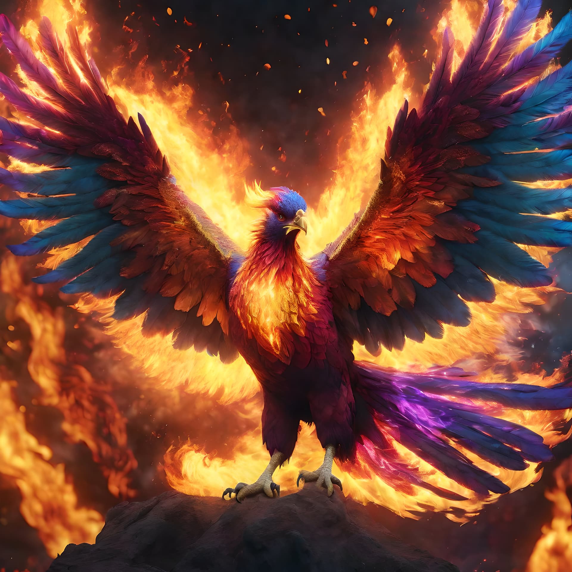 AI generated: a beautiful image of a mythical phoenix blazing with vibrant flames of different colors, 8k, sharp i...