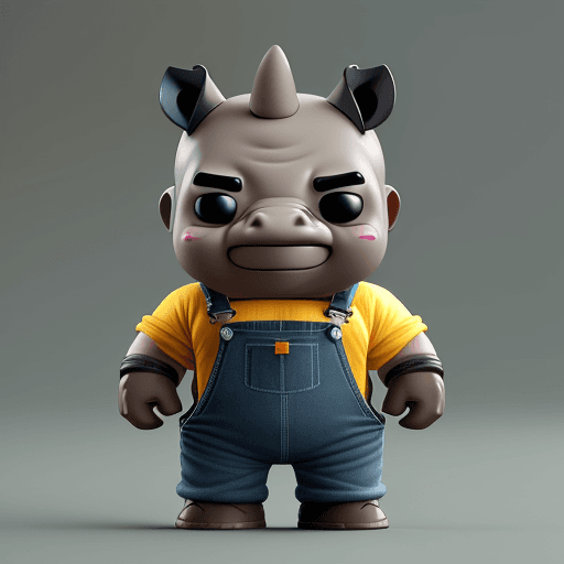 AI generated:  strong rhino wearing overalls, small smile, funko pop render, big head, small body, hands in pocket...