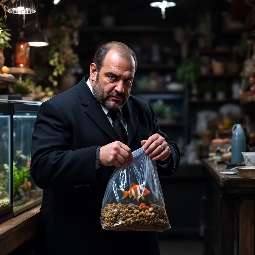 AI generated: 
create a picture where Tony Soprano from the TV series Tony Soprano in an aquarium store gives an a...