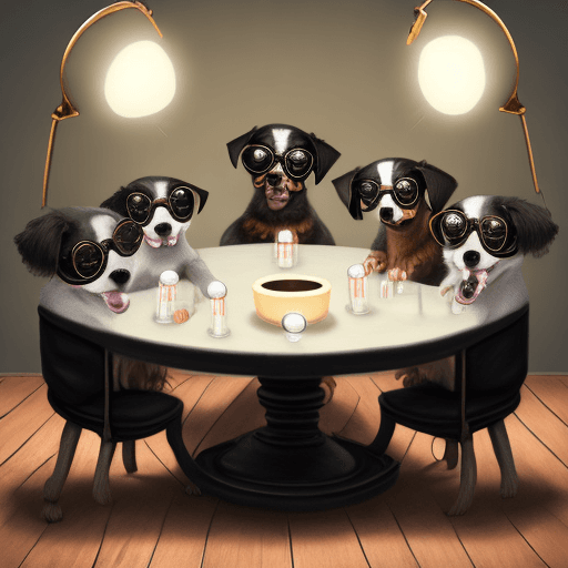 AI generated: hyperrealistic puppies wearing black spectacles sharing ideas, round table, lightbulbs, smiling
