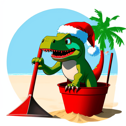 AI generated: line drawing of cute cartoon t-rex dinosaur wearing santa hat playing on a tropical beach with a buc...