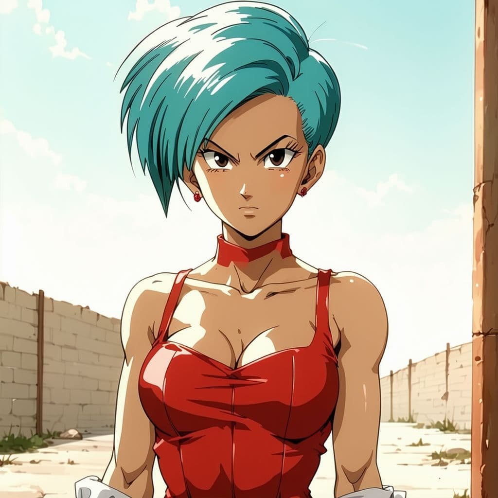 AI generated: Bulma de dragonball, 40 años, tetas grandes, vestido escotado de falda por los cachetes, vestido roj...