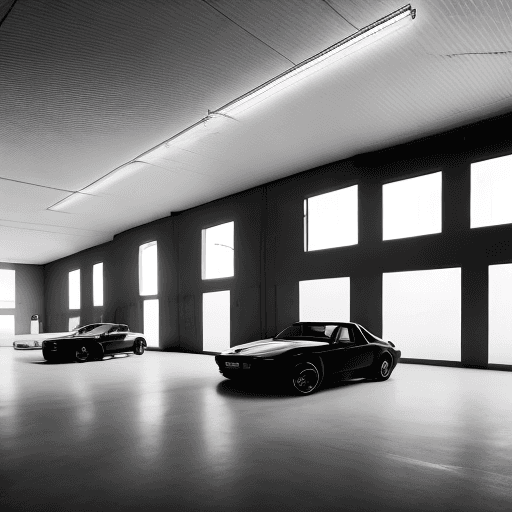 AI generated: High realism, minimalism, dark large garage, in the soft light in the center there are six beautiful...