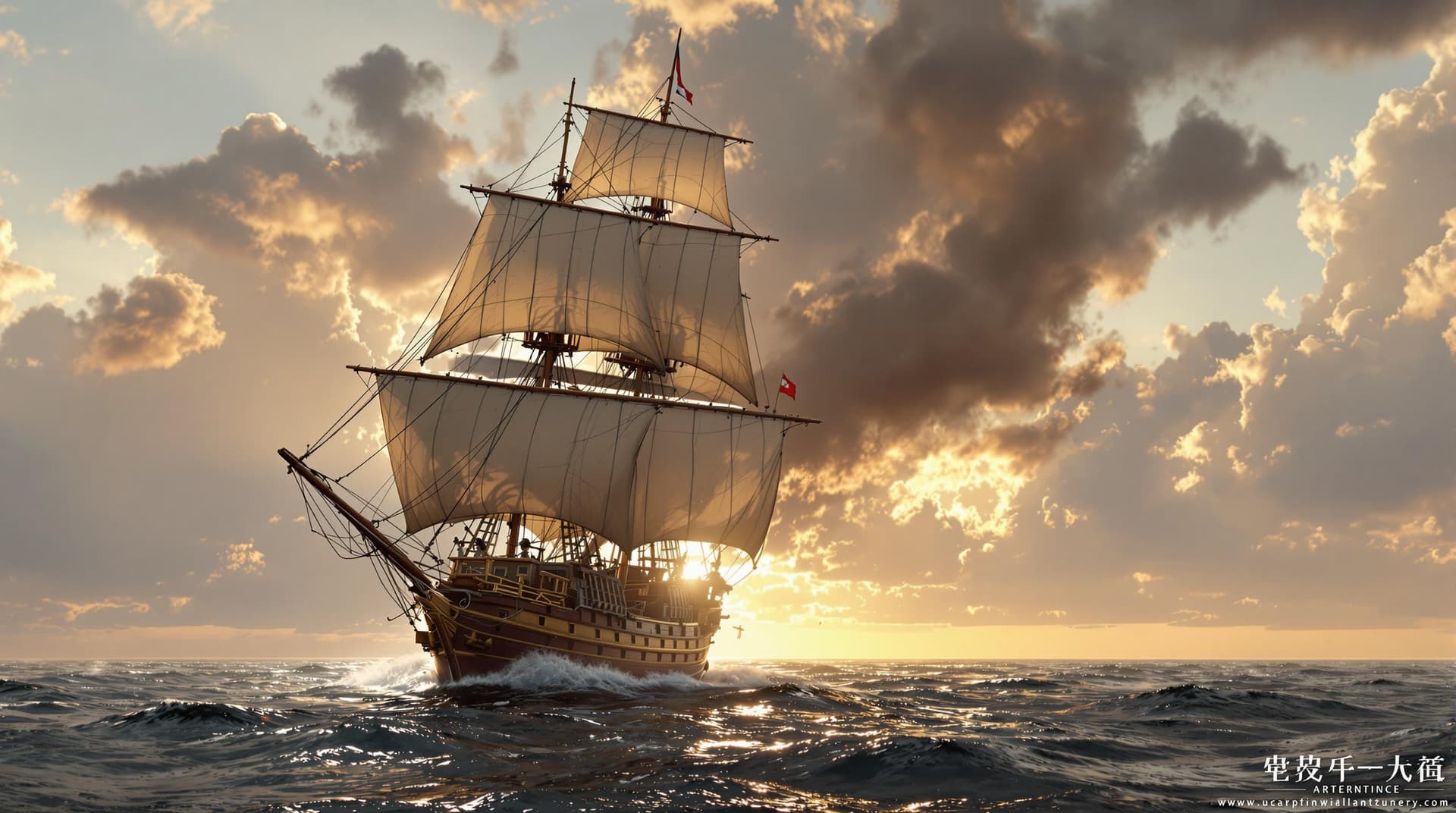 AI generated: Photo of a ultra realistic sailing ship, dramatic light, pale sunrise, cinematic lighting, battered,...