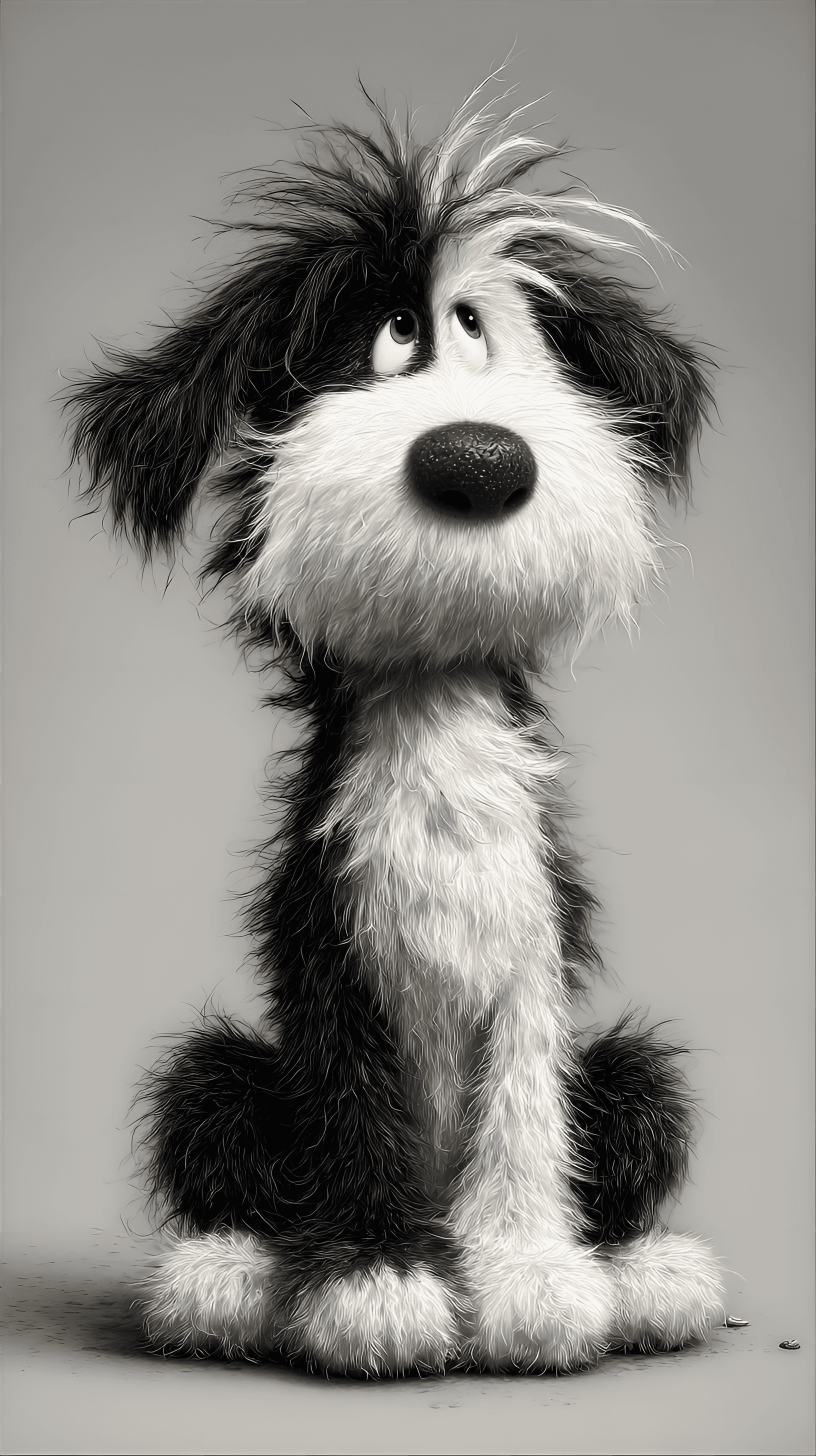 AI generated: Black and white dog, sitting, shaggy fur, cartoon style, expressive, whimsical,  medium shot,  detai...