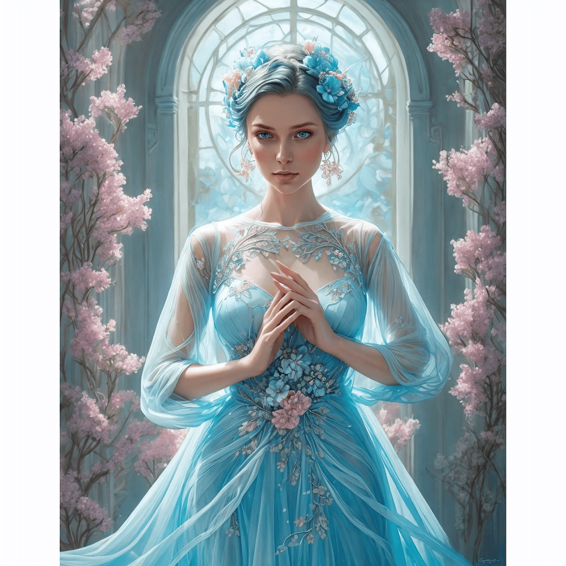 AI generated: painting of woman in light blue transparent resin dress, and lights across her body, with ceramic fl...