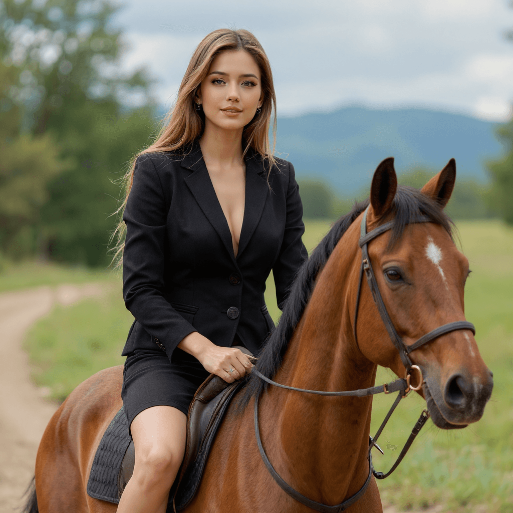 AI generated: generate a viral image of a woman riding a horse with by using the image as an attachment and jacket...