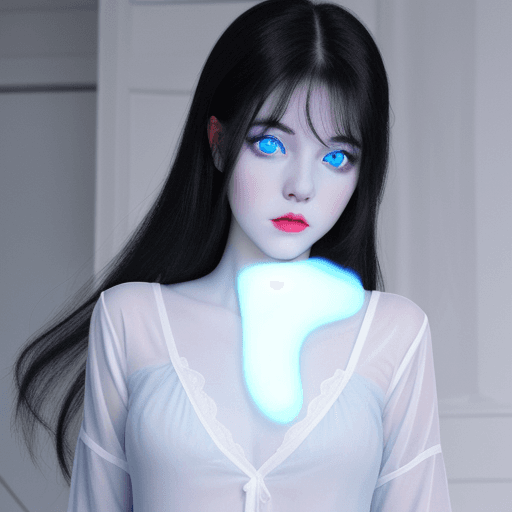 AI generated: a ghost girl with pale blue skin, long black hair, glowing blue eyes, wearing white pajamas
