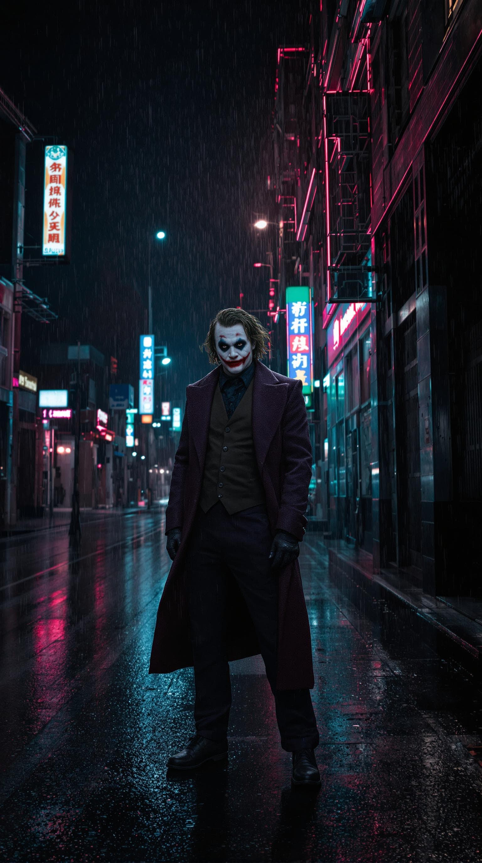 AI generated: The joker from batman Posing In dark rainy Dystopian city in the rain, on an empty street. Neon ligh...