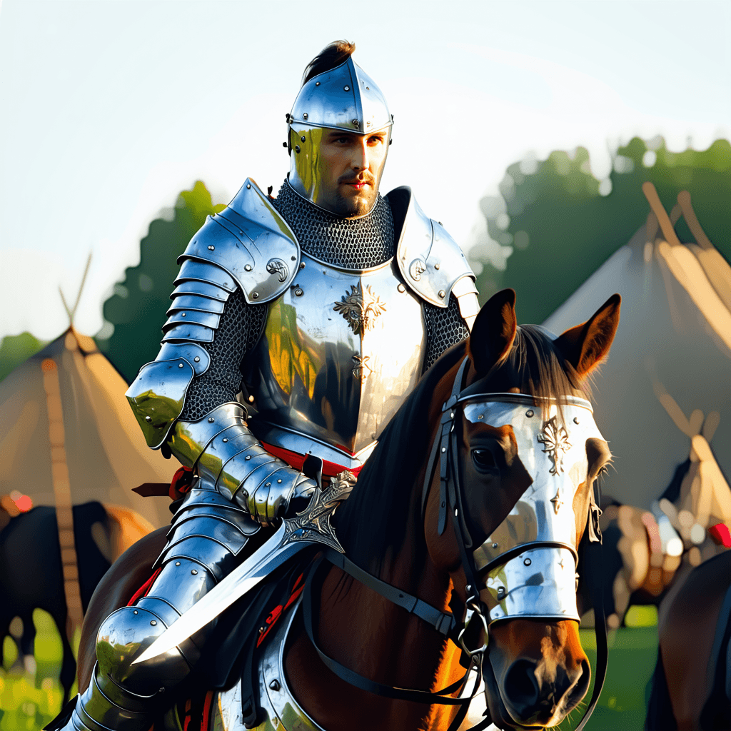 AI generated: a medieval knight in full plate armour, on a brown war horse, holding a sword in his hand, looking a...