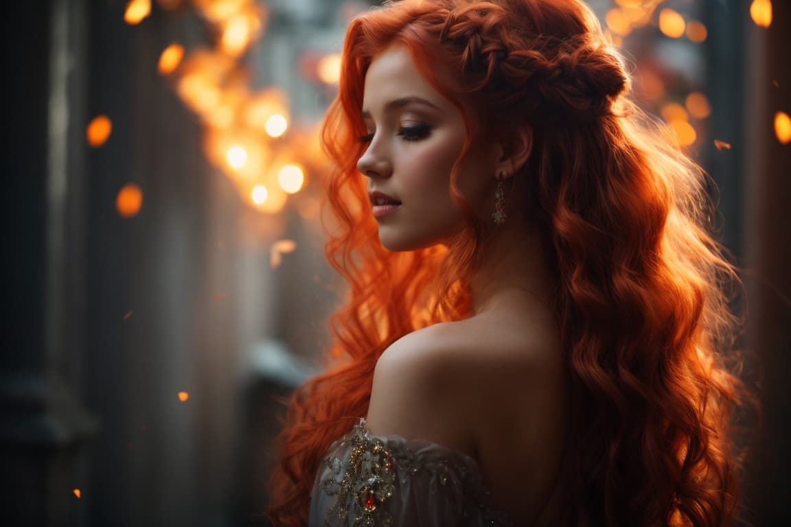 AI generated: A stunning young princess with porcelain skin, fiery red hair cascading down her back, and a figure ...
