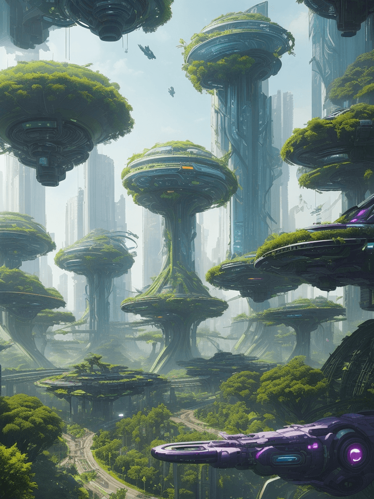 AI generated: a view of a city with a lot of trees and bushes, garden, a lot of flying objects , future city, in f...