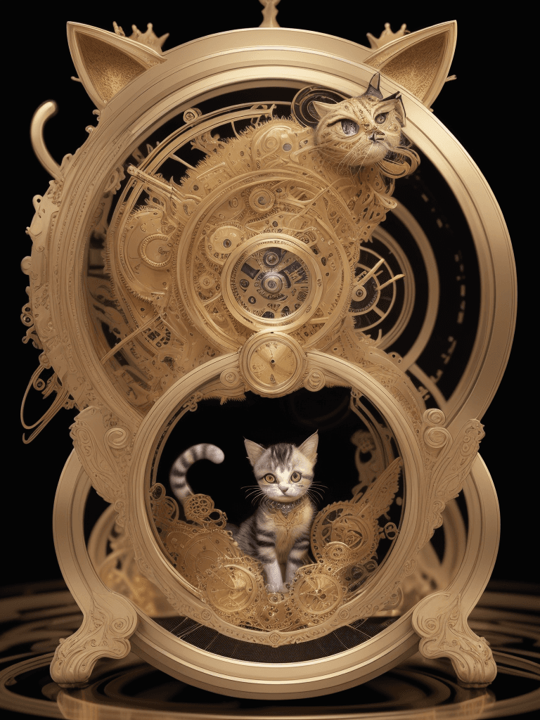 AI generated: kitten, gold clockwork cat in golden filigree over abstract dark background, chiaroescuro, high deta...