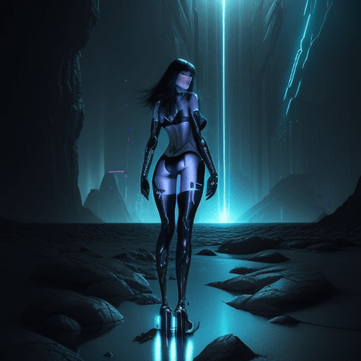 AI generated: DARK AND GLOWING landscape, stunning looking cyber girl,  lots of heavy reflective floor and other i...