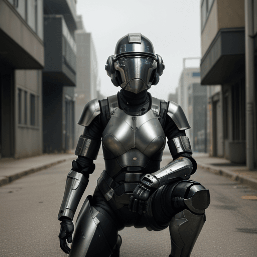 AI generated: black armed female figure in sci-fi battle armor with cybernetic helmet, aiming on one knee, mask, s...