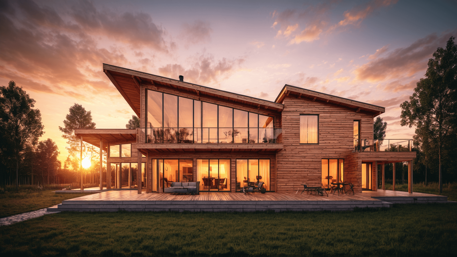 AI generated: realistic photo of a modern wooden house, sunset