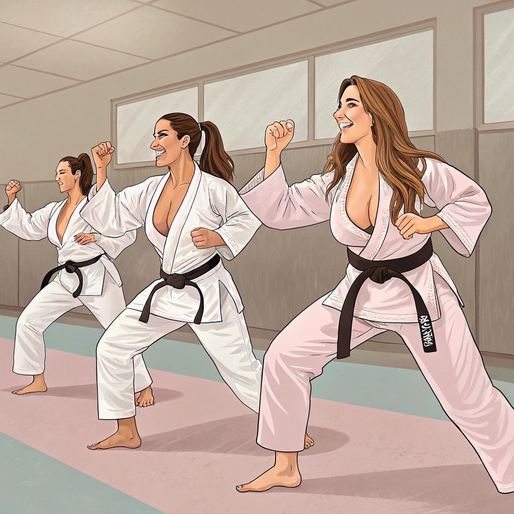 AI generated: masterpiece, several beautiful women, (((practicing jiu-jitsu))), dougi, large breasts,  very long h...