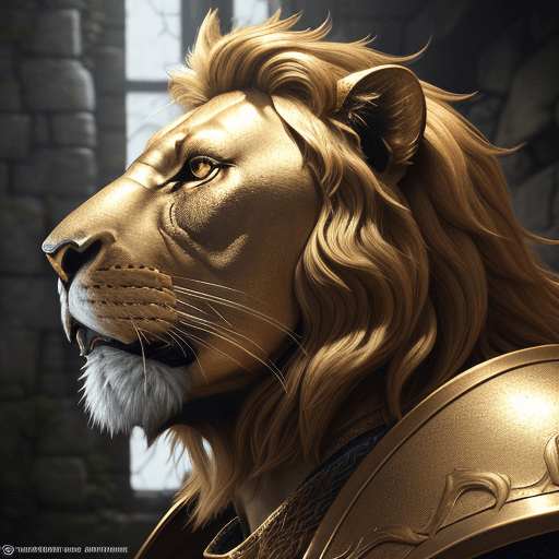 AI generated: gold lion in lanister armor, in the background of the kingdom, dragonstone eyes, close-up, 8k ultra ...