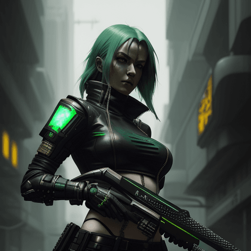 AI generated: a woman with green hair holding a sword, cyberpunk art by Maciej Kuciara, cgsociety, retrofuturism, ...
