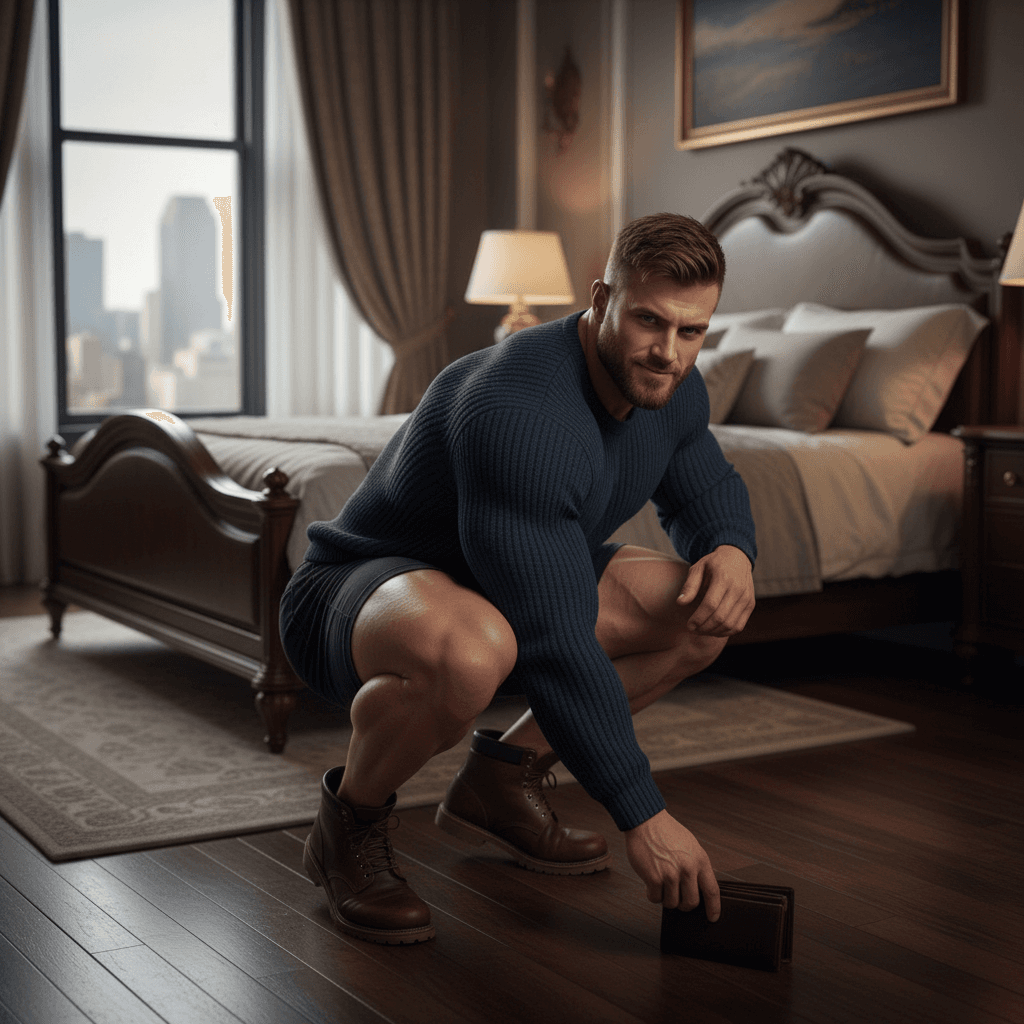 AI generated:  At a large bedroom. The model is a bodybuilder, he has muscular shoulders, and huge muscular legs. ...