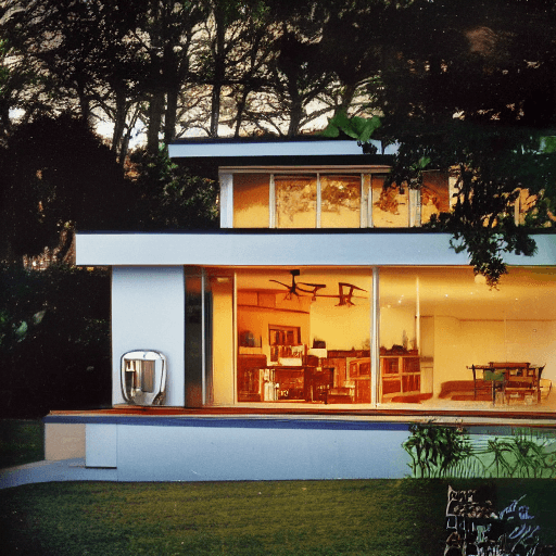 AI generated: Hyper realistic eye level exterior photo of a mid century modern style house overlooking the ocean, ...