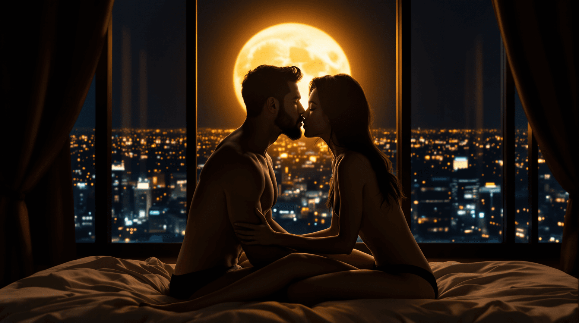 AI generated: image featuring a romantic, intimate scene set against a nighttime cityscape. A (nude) couple is sea...