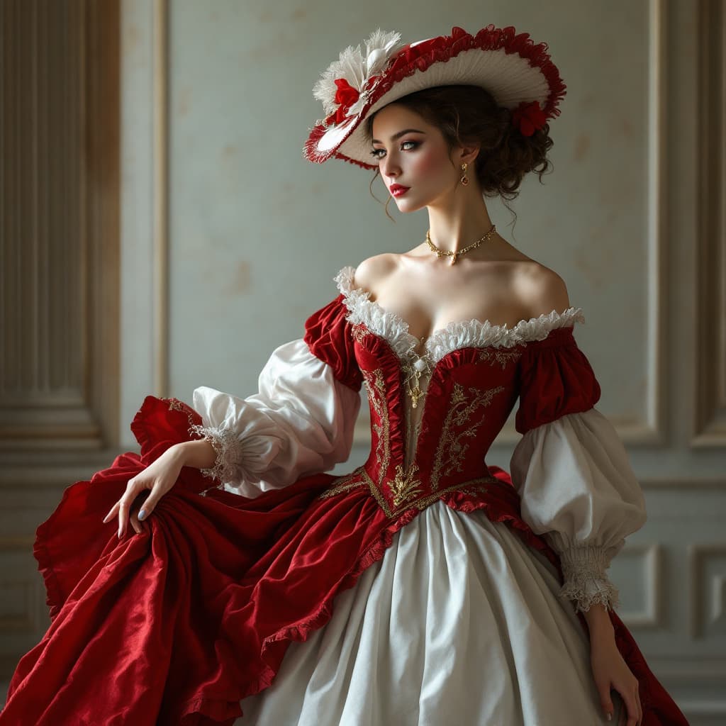AI generated: a sexy woman in a red and white dress and hat holding a rod, wearing an under skirt, cgsociety conte...