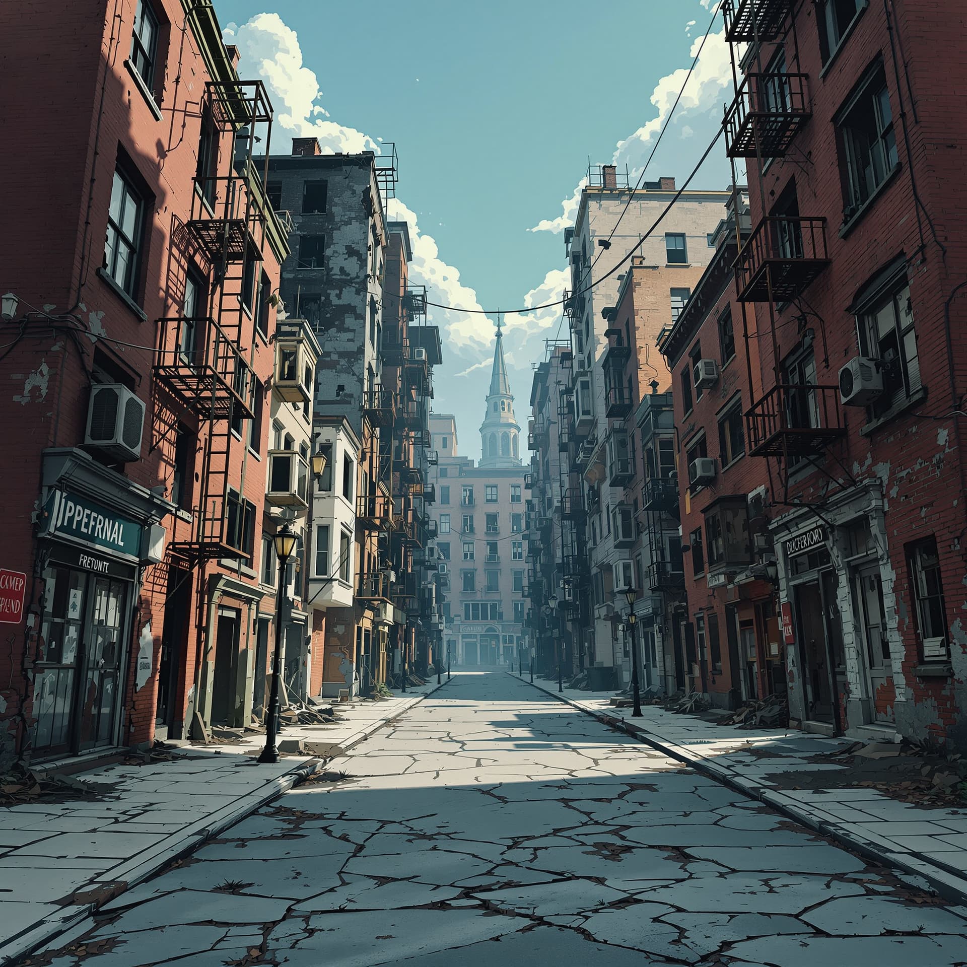 AI generated: front view of A deserted destroyed abandoned urban anime ghetto block neighborhood really run down a...