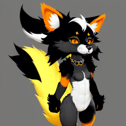 AI generated: Make a fursona half body image with mostly black fur, it's underbelly white, and highlights of yello...