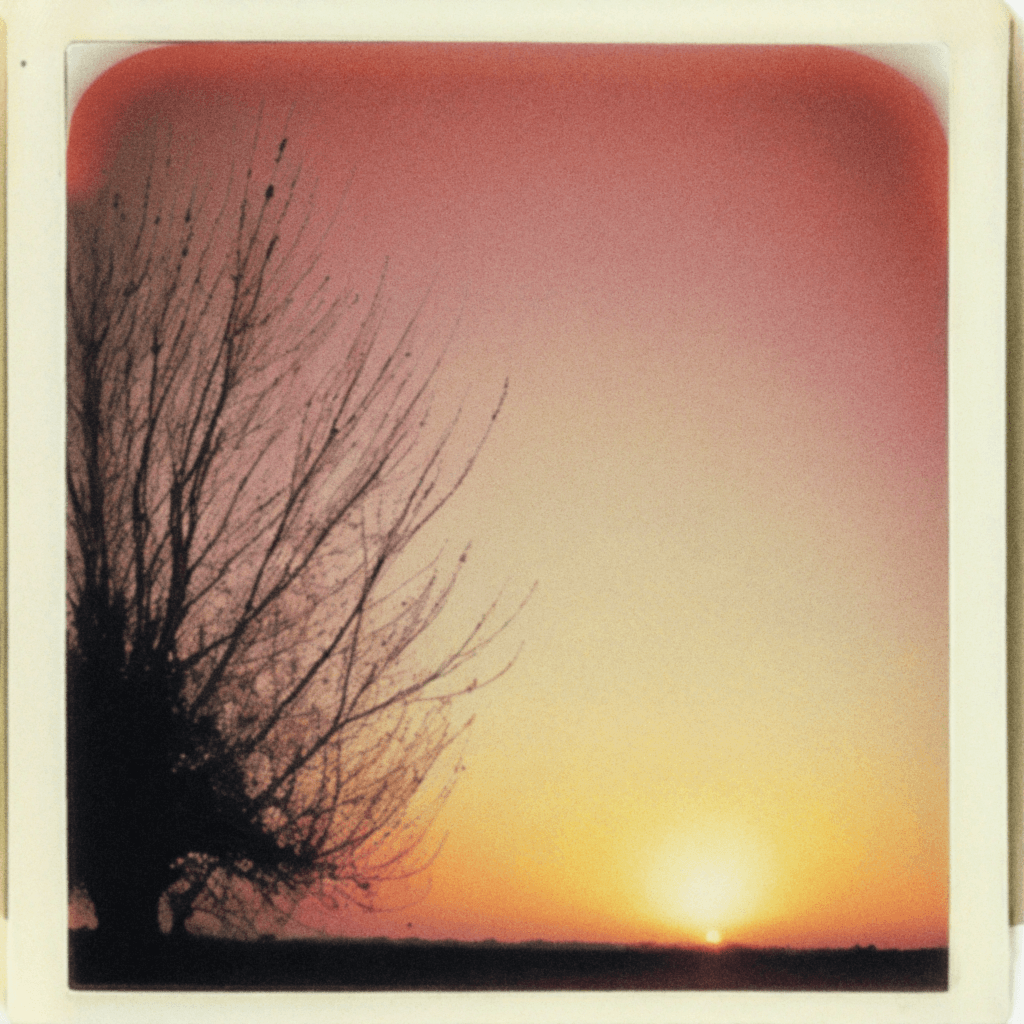 AI generated: a silhouette solitary tree stands to the left, warm golden hour lighting, sun low on the horizon, po...