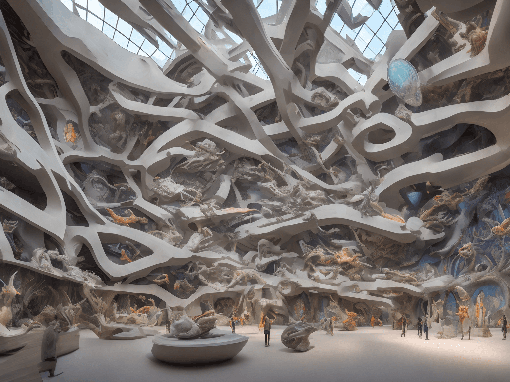 AI generated:  A view inside a futuristic museum, showcasing strange, weird, and bizarre art, large 3D sculptures,...