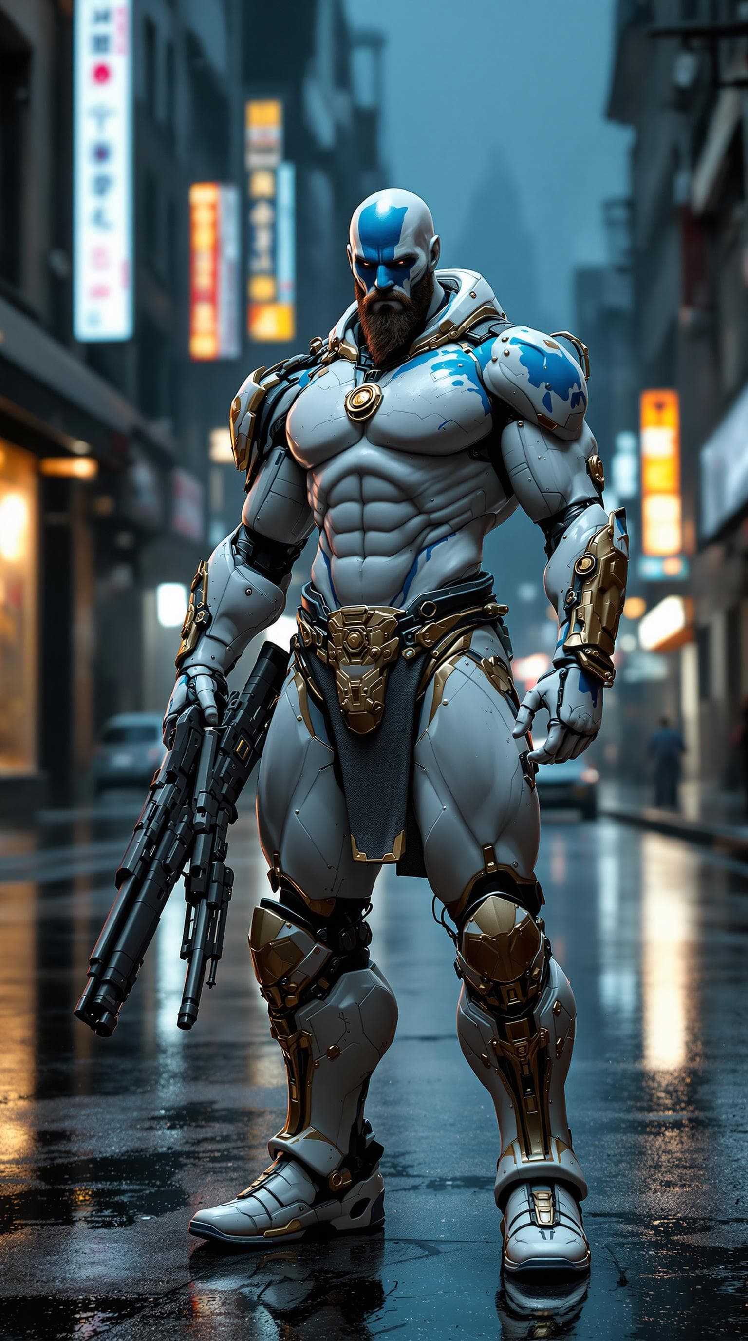 AI generated: porcelain white with blue paint and gold , cyber, 8k, ultra realistic, cyborg, transhumanism, futuri...