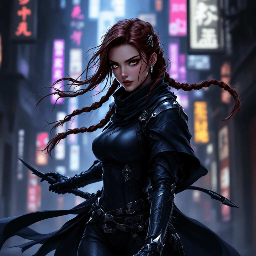 AI generated: The Shadow Glaive Assassin: A nimble and elusive warrior with long, braided dark auburn hair, often ...