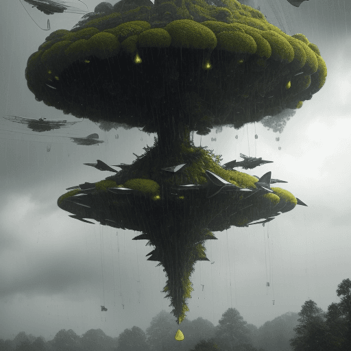 AI generated:  futuristic forest with many flying machines hanging from floating mounds above their heads. The sky...