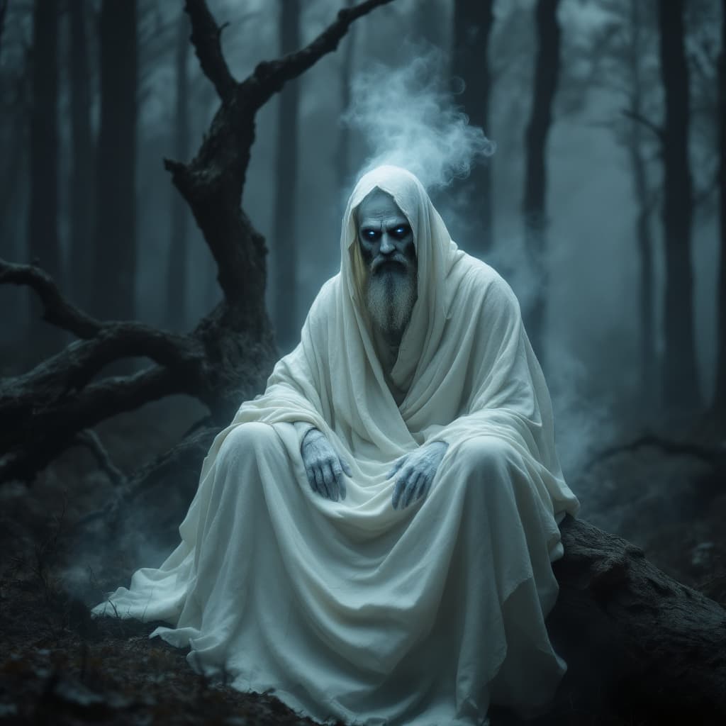 AI generated: A wide shot in a night forest with a dead tree on which is sitting an Indian middle aged ghostly mal...